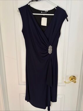 Valerie Bertinelli Navy Sleeveless Faux-Wrap Midi Dress with Crystal Brooch